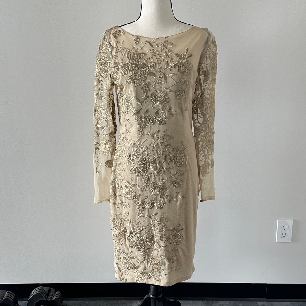 David Meister Champagne Beaded Floral Long-Sleeve Dress Size 6